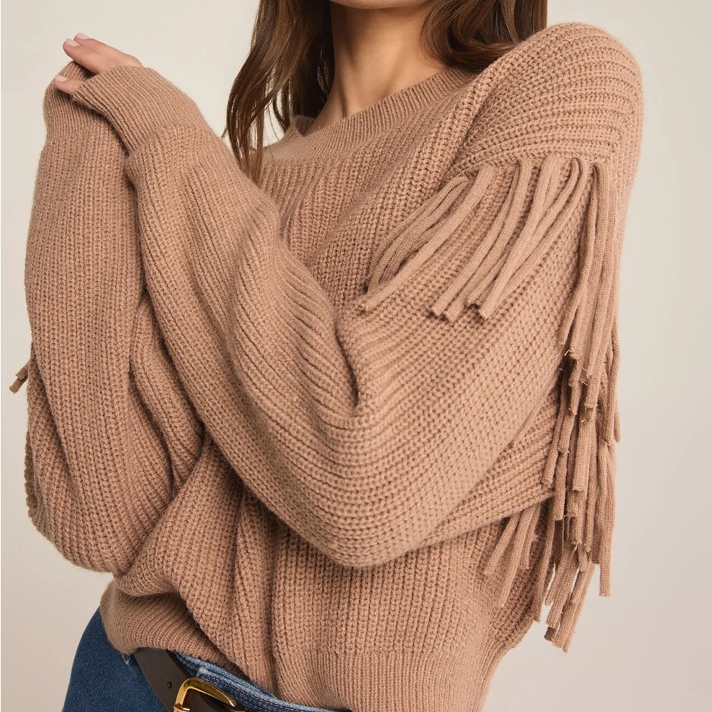 Z Supply Tan Crew Neck Sweater with Fringe Details